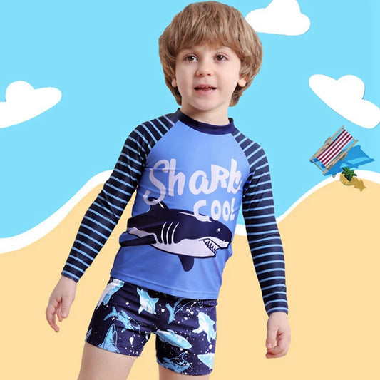Summer Boys' Swimsuit Set – Long Sleeve Cartoon Sunscreen Top & Shorts (4-8Y)