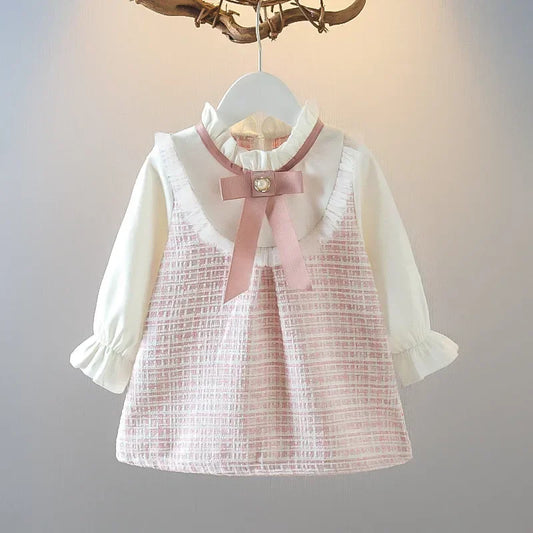 Spring Toddler Girl Dress – Korean Fashion Bow Mesh Plaid Princess Outfit