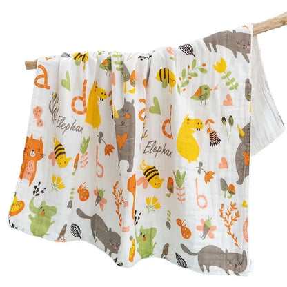 110cm Cotton Gauze Baby Blanket – Double Layer, Soft Animal Print Towel Cover