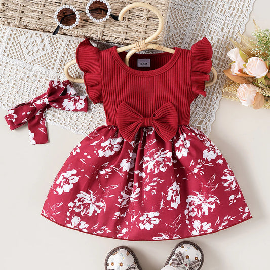 Floral Striped Bow Dress – Cute Baby Girl Outfit with Headscarf