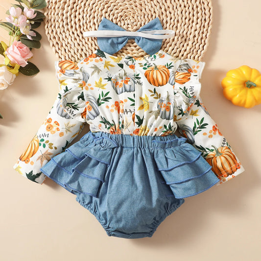 0-18M Baby Girl Bodysuit – Blue Bow Ruffle Outfit with Headband