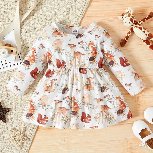 PatPat Baby Girl Dress – Forest Animal Print Long-Sleeve Outfit