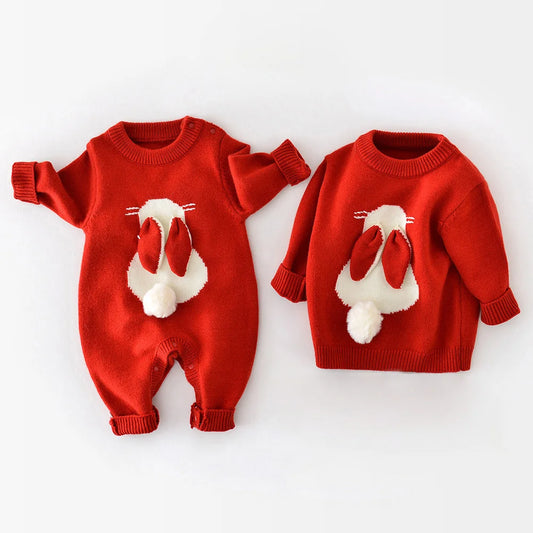 "Christmas Newborn Romper – Knitted Bunny Jumpsuit for Fall & Winter