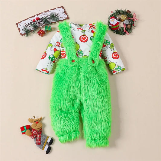Long Sleeve Ball Print Romper & Suspender Pants Set (0-2Y)