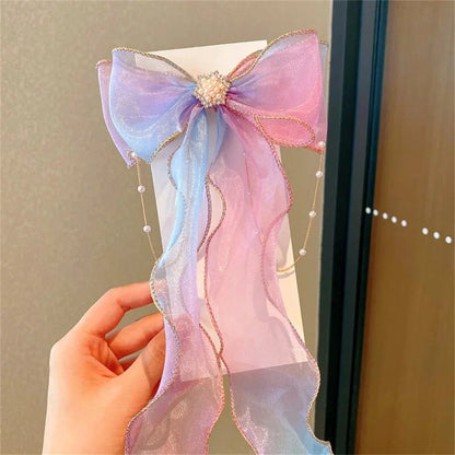 Princess Girl Large Ribbon Headband with Pearl & Flower Bow Hairpins – 5 Styles