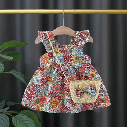 Summer Cotton Baby Dress – Flower Print Hawaiian Style with Matching Bag