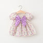 Children's Summer Dress – Short Sleeve Solid Color with Big Bow & Print