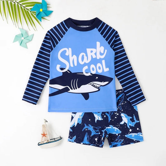 Summer Boys' Swimsuit Set – Long Sleeve Cartoon Sunscreen Top & Shorts (4-8Y)