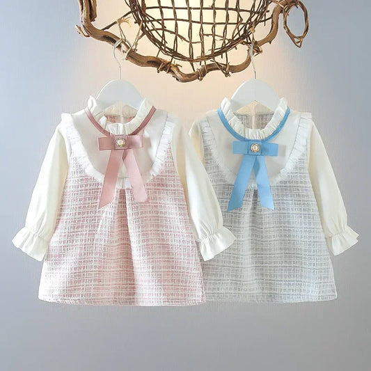Spring Toddler Girl Dress – Korean Fashion Bow Mesh Plaid Princess Outfit