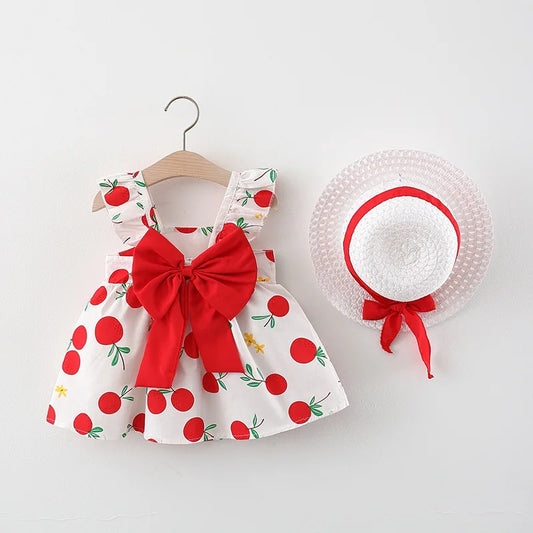2PCS Summer Girls' Dress Set – Bow Suspender Top & Orange Print Skirt with Hat