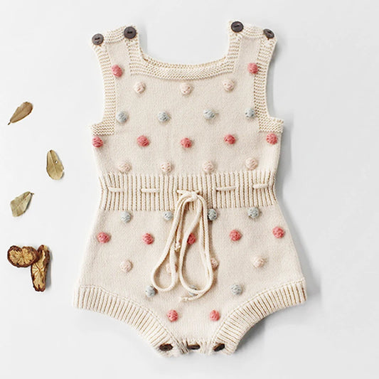 Knitted Baby Romper – Handmade Cotton Jumpsuit with Pompoms