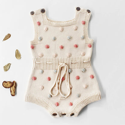 Knitted Baby Romper – Handmade Cotton Jumpsuit with Pompoms