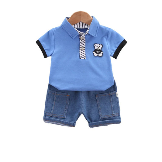 Baby Boys' Summer Outfit – Korean Style Cartoon Top & Denim Shorts