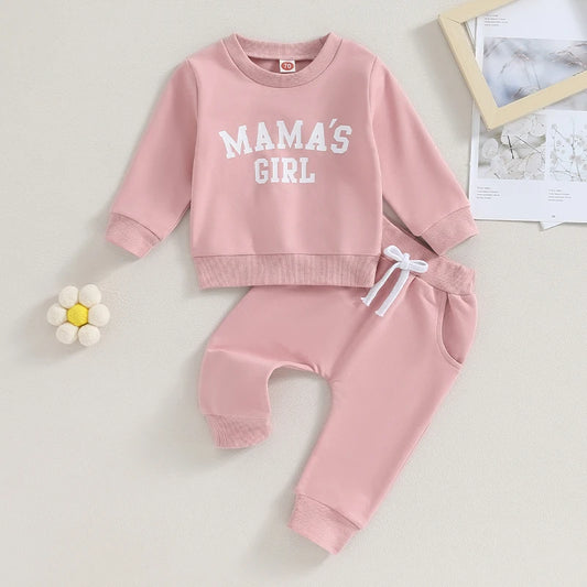 0-36M Baby Girl 2-Piece Outfit – Long Sleeve Letter Print Sweatshirt & Sweatpants