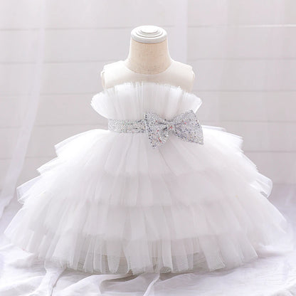 Sequin Bow Baby Girl Dress – Puffy Tulle Princess Ball Gown for Baptism & Parties