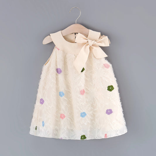 Girls' Summer Dress – Sleeveless Round Neck with Colorful Flower & Big Bow