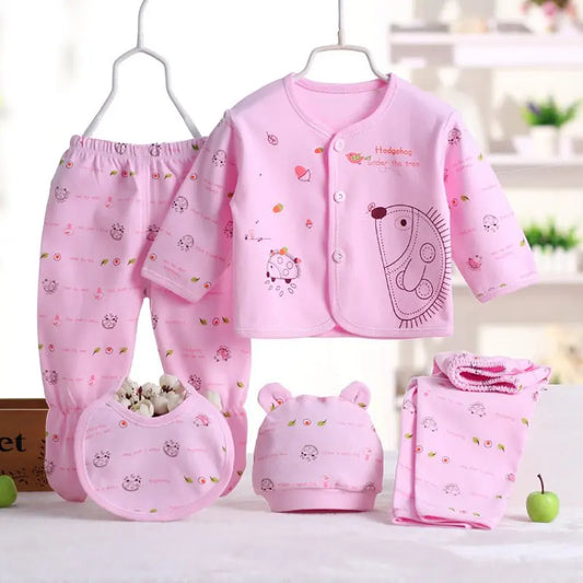 5PCS Newborn Baby Clothing Set – Cotton Top, Pants, Hat & Bibs (0-3M)