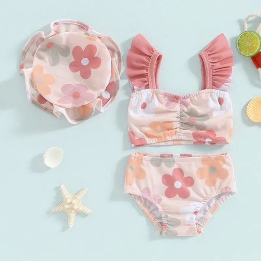 Toddler Girls' Floral Tankini Set – 3-Piece Swimsuit & Cap
