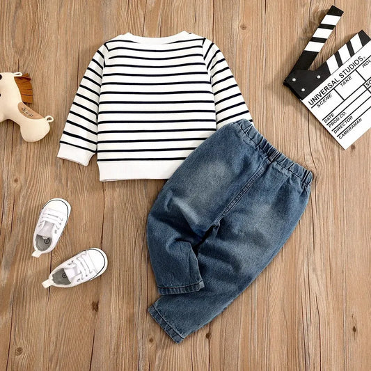 0-2Y Elephant Print Outfit – Striped Top & Jeans 2-Piece Set