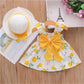 2PCS Summer Girls' Dress Set – Bow Suspender Top & Orange Print Skirt with Hat