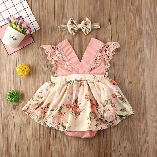 Baby Girl Summer Romper – Lace Floral Sleeve Jumpsuit with Headband (0-18M)