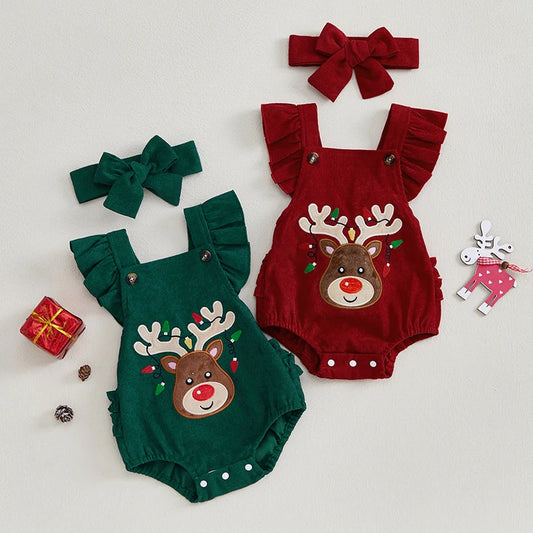 Baby Christmas Romper – Ruffle Sleeve Elk Jumpsuit & Headband