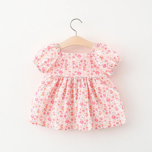 Children's Summer Dress – Short Sleeve Solid Color with Big Bow & Print