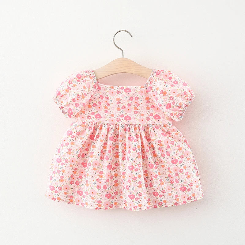 Children's Summer Dress – Short Sleeve Solid Color with Big Bow & Print