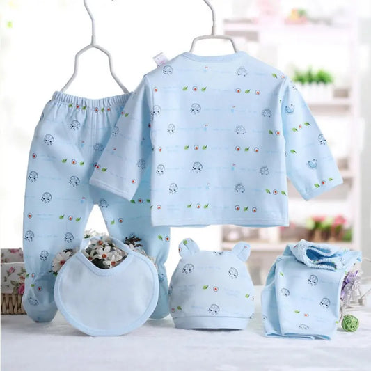 5PCS Newborn Baby Clothing Set – Cotton Top, Pants, Hat & Bibs (0-3M)