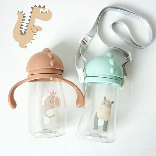 Kids' Cartoon Animal Water Bottle – Straw Cup with Gravity Ball & Shoulder Strap
