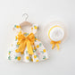 2PCS Summer Girls' Dress Set – Bow Suspender Top & Orange Print Skirt with Hat