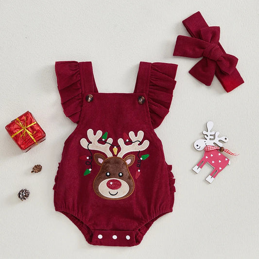 Baby Christmas Romper – Ruffle Sleeve Elk Jumpsuit & Headband