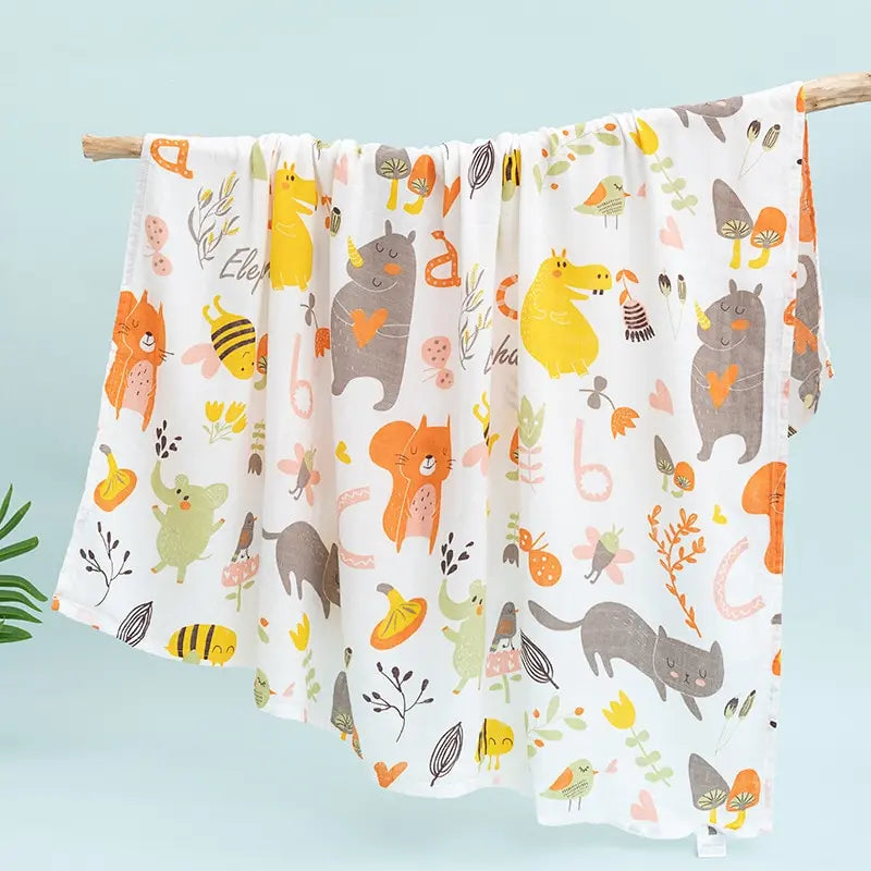 110cm Cotton Gauze Baby Blanket – Double Layer, Soft Animal Print Towel Cover