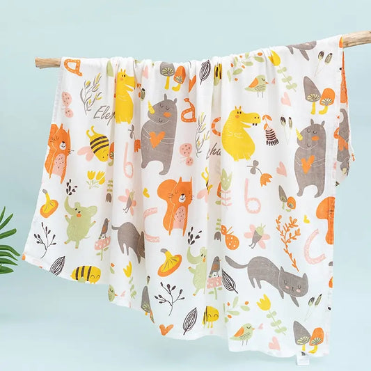110cm Cotton Gauze Baby Blanket – Double Layer, Soft Animal Print Towel Cover