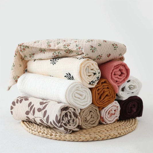 Cotton Muslin Baby Swaddle Blanket – Solid & Floral Print, Soft Newborn Crinkle Fabric, Stroller Cover