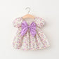 Children's Summer Dress – Short Sleeve Solid Color with Big Bow & Print