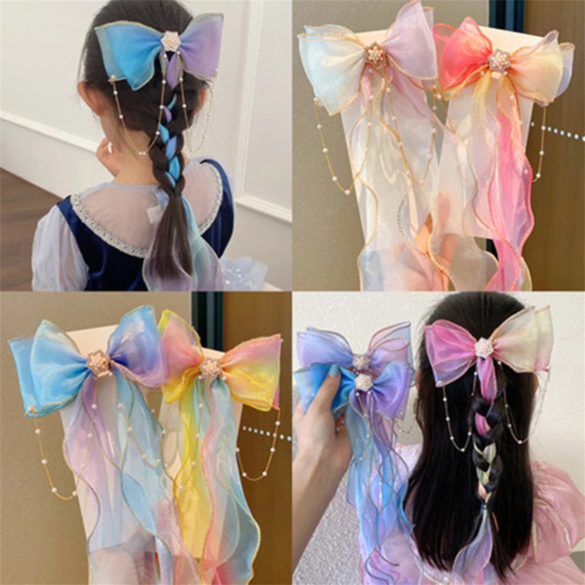 Princess Girl Large Ribbon Headband with Pearl & Flower Bow Hairpins – 5 Styles