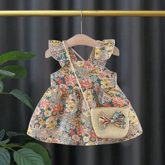 Summer Cotton Baby Dress – Flower Print Hawaiian Style with Matching Bag
