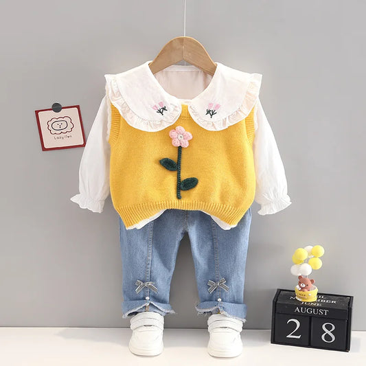 Spring Baby Girl Outfit – Knitted Vest, Bow Shirt & Jeans Set (1st Birthday)