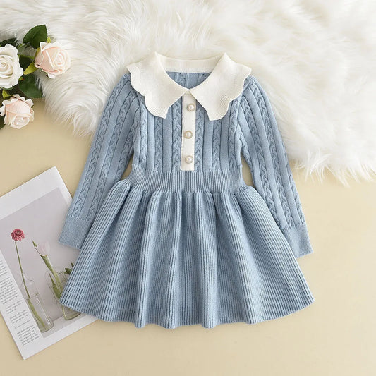 Winter Girls' Knitted Sweater Dress – Long Sleeve Ruffle Princess Outfit