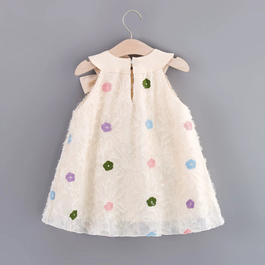 Girls' Summer Dress – Sleeveless Round Neck with Colorful Flower & Big Bow