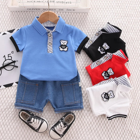 Baby Boys' Summer Outfit – Korean Style Cartoon Top & Denim Shorts