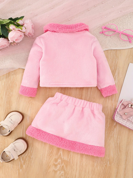 Japanese-Korean Style Pink Fluffy Skirt Suit – Soft & Warm Outfit
