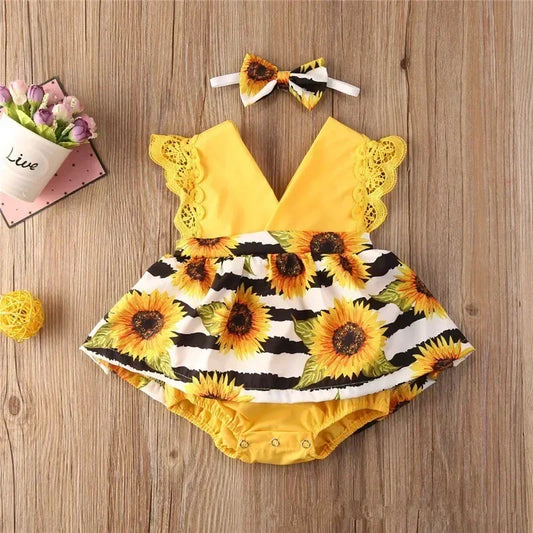 Baby Girl Summer Romper – Lace Floral Sleeve Jumpsuit with Headband (0-18M)