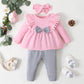 3PCS Baby Girl Outfit – Bodysuit, Pants & Headband Set (3-12M)