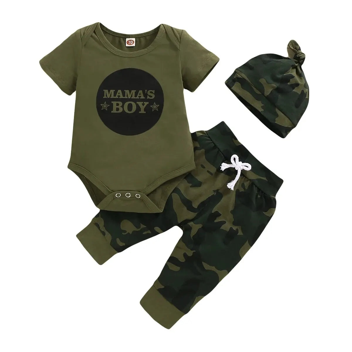 Baby Boy Summer Set – Romper, Camouflage Pants & Hat (0-18M)