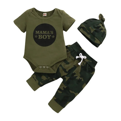 Baby Boy Summer Set – Romper, Camouflage Pants & Hat (0-18M)