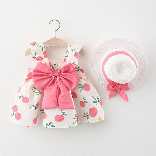 2PCS Summer Girls' Dress Set – Bow Suspender Top & Orange Print Skirt with Hat