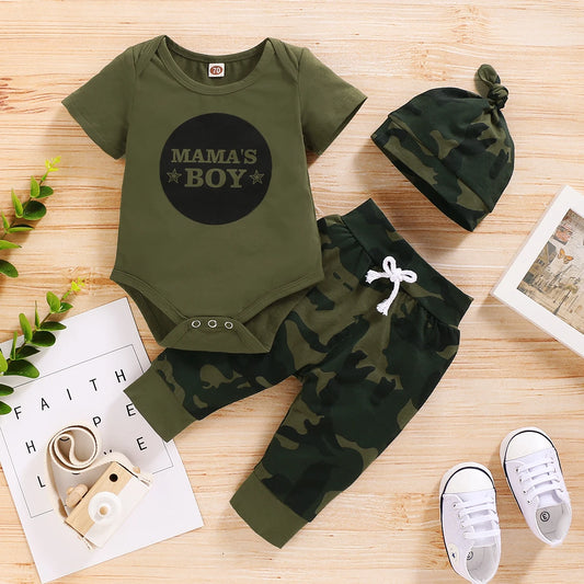 Baby Boy Summer Set – Romper, Camouflage Pants & Hat (0-18M)