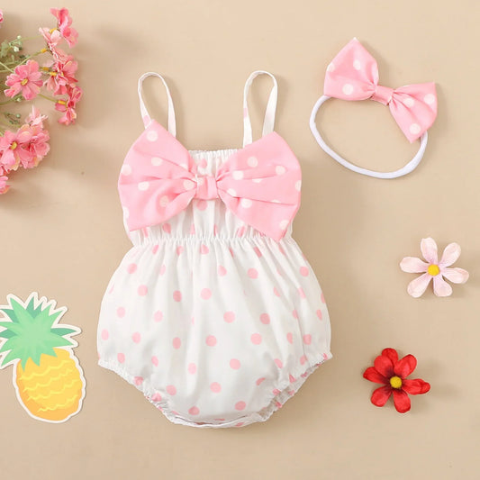 2PCS Baby Girl Romper Set – Allover Dots with Bowknot & Headband